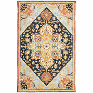 Homeroots 10' X 13' Navy Rust Blue Ivory And Gold Oriental Tufted Handmade Stain Resistant Area Rug Navy,Rust Genuine Wool 508114