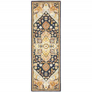 Homeroots 2' X 8' Navy Rust Blue Ivory And Gold Oriental Tufted Handmade Stain Resistant Runner Rug Navy,Rust Genuine Wool 508115