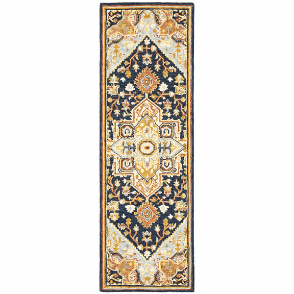 Homeroots 2' X 8' Navy Rust Blue Ivory And Gold Oriental Tufted Handmade Stain Resistant Runner Rug Navy,Rust Genuine Wool 508115