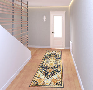 Homeroots 2' X 8' Navy Rust Blue Ivory And Gold Oriental Tufted Handmade Stain Resistant Runner Rug Navy,Rust Genuine Wool 508115