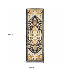 Homeroots 2' X 8' Navy Rust Blue Ivory And Gold Oriental Tufted Handmade Stain Resistant Runner Rug Navy,Rust Genuine Wool 508115