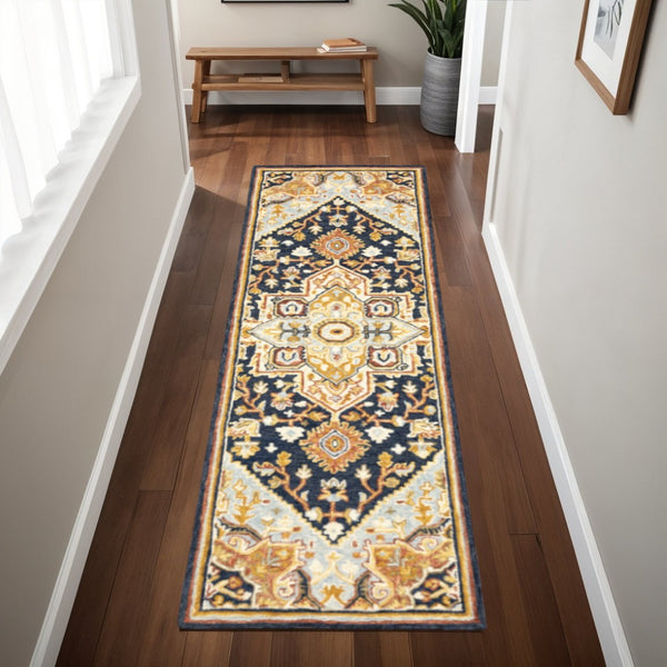HomeRoots 10' Handmade Oriental Tufted Area Rug - Elegant Stain-Resistant Design for Modern & Classic Spaces Navy/ Rust 2'6" x 8' 508115