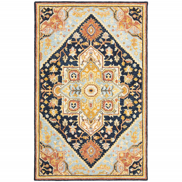 Homeroots 4' X 6' Navy Rust Blue Ivory And Gold Oriental Tufted Handmade Stain Resistant Area Rug Navy,Rust Genuine Wool 508116