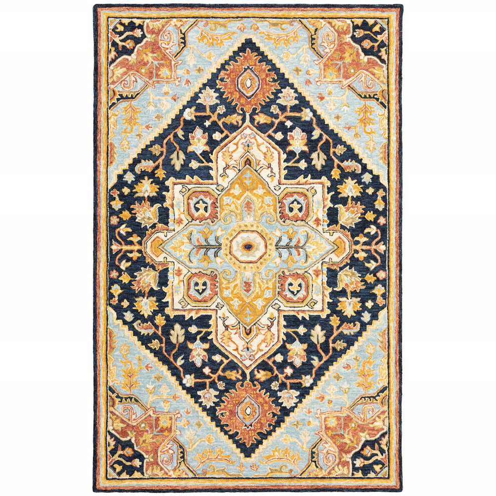 Homeroots 5' X 8' Navy Rust Blue Ivory And Gold Oriental Tufted Handmade Stain Resistant Area Rug Navy,Rust Genuine Wool 508117