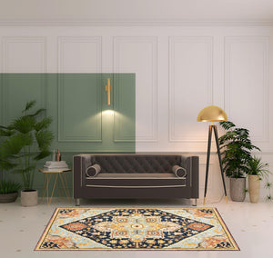 Homeroots 5' X 8' Navy Rust Blue Ivory And Gold Oriental Tufted Handmade Stain Resistant Area Rug Navy,Rust Genuine Wool 508117