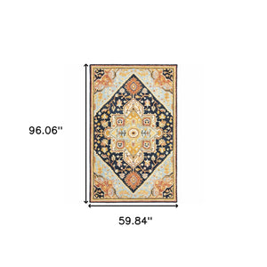 Homeroots 5' X 8' Navy Rust Blue Ivory And Gold Oriental Tufted Handmade Stain Resistant Area Rug Navy,Rust Genuine Wool 508117