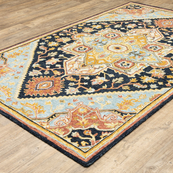 Homeroots 8' X 10' Navy Rust Blue Ivory And Gold Oriental Tufted Handmade Stain Resistant Area Rug Navy,Rust Genuine Wool 508118