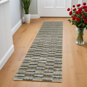 HomeRoots 8' Abstract Distressed Runner Rug in Beige and Blue – Durable, Stain-Resistant Design for Hallways 2'3" x 7'6" 508131