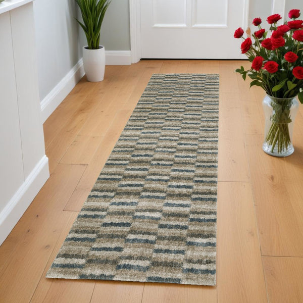 HomeRoots 8' Abstract Distressed Runner Rug in Beige and Blue – Durable, Stain-Resistant Design for Hallways 2'3" x 7'6" 508131