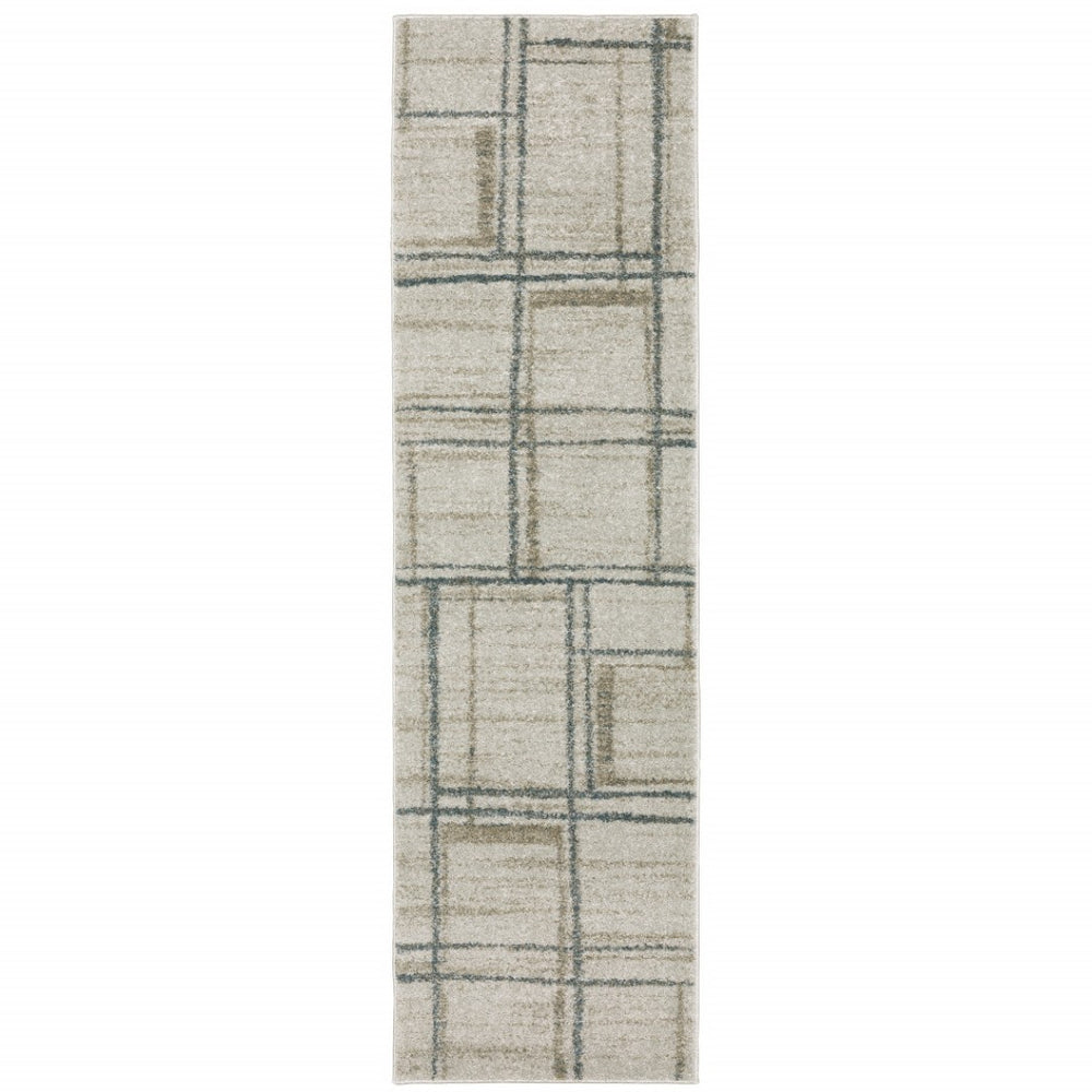 HomeRoots 8' Beige and Blue Geometric Distressed Runner Rug for Modern Spaces – Durable, Stylish, Easy Care 2'3" x 7'6" 508143