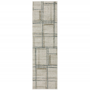 HomeRoots 8' Beige and Blue Geometric Distressed Runner Rug for Modern Spaces – Durable, Stylish, Easy Care 2'3" x 7'6" 508143