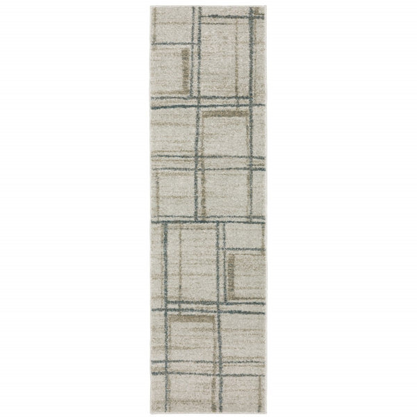 HomeRoots 8' Beige and Blue Geometric Distressed Runner Rug for Modern Spaces – Durable, Stylish, Easy Care 2'3" x 7'6" 508143