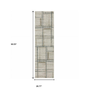 HomeRoots 8' Beige and Blue Geometric Distressed Runner Rug for Modern Spaces – Durable, Stylish, Easy Care 2'3" x 7'6" 508143
