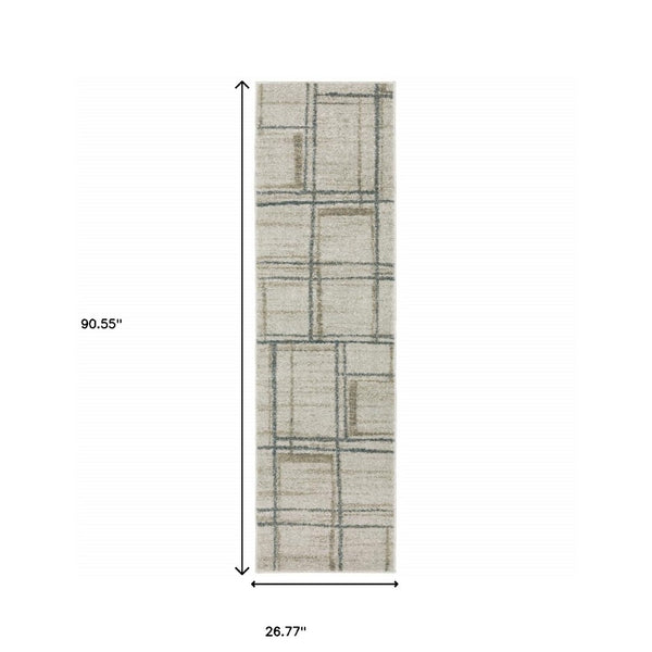HomeRoots 8' Beige and Blue Geometric Distressed Runner Rug for Modern Spaces – Durable, Stylish, Easy Care 2'3" x 7'6" 508143