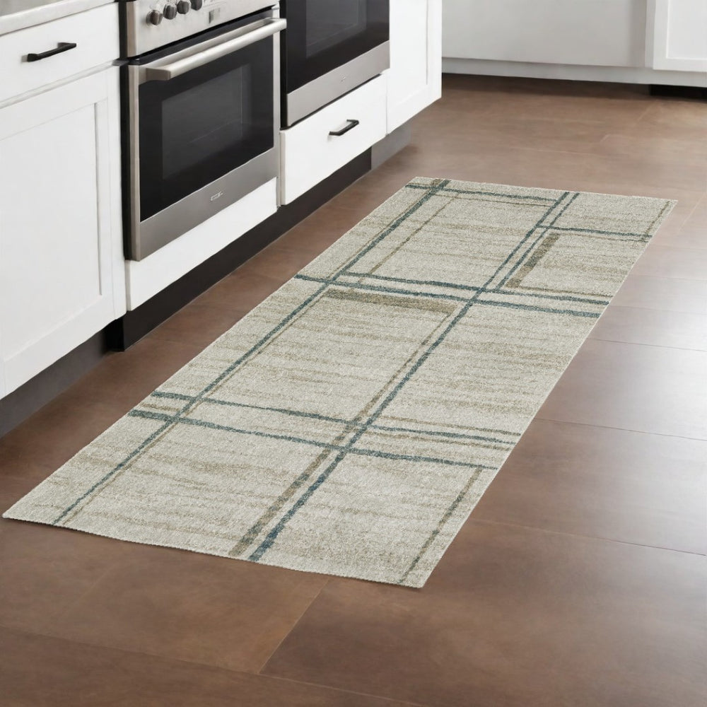 HomeRoots 8' Beige and Blue Geometric Distressed Runner Rug for Modern Spaces – Durable, Stylish, Easy Care 2'3" x 7'6" 508143