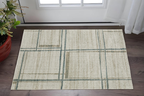 HomeRoots 8' Beige and Blue Geometric Distressed Runner Rug for Modern Spaces – Durable, Stylish, Easy Care 3' x 5' 508144