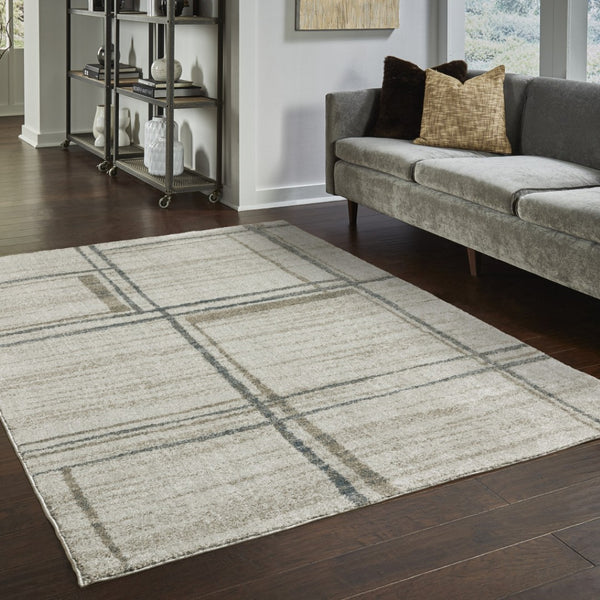 HomeRoots 8' Beige and Blue Geometric Distressed Runner Rug for Modern Spaces – Durable, Stylish, Easy Care 3' x 5' 508144