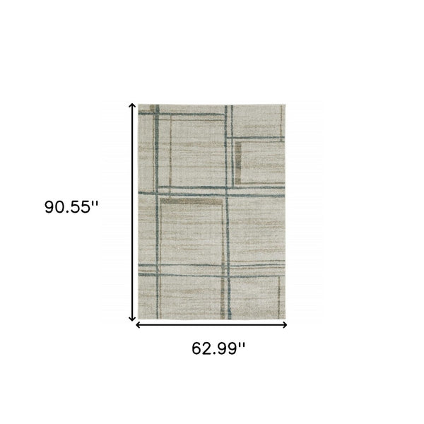 HomeRoots 8' Beige and Blue Geometric Distressed Runner Rug for Modern Spaces – Durable, Stylish, Easy Care 5' X 8' 508145