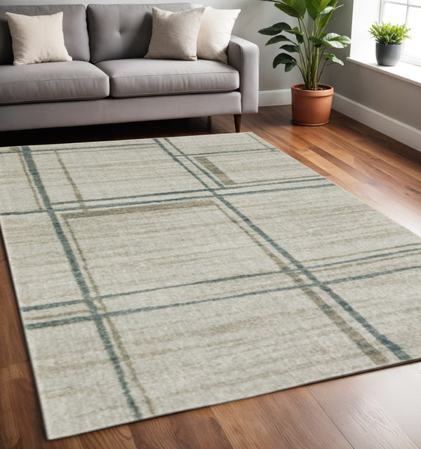 HomeRoots 8' Beige and Blue Geometric Distressed Runner Rug for Modern Spaces – Durable, Stylish, Easy Care 5' X 8' 508145