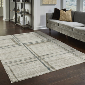HomeRoots 8' Beige and Blue Geometric Distressed Runner Rug for Modern Spaces – Durable, Stylish, Easy Care 8' X 11' 508147