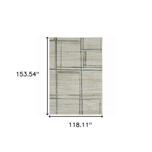 HomeRoots 8' Beige and Blue Geometric Distressed Runner Rug for Modern Spaces – Durable, Stylish, Easy Care 10' X 13' 508148