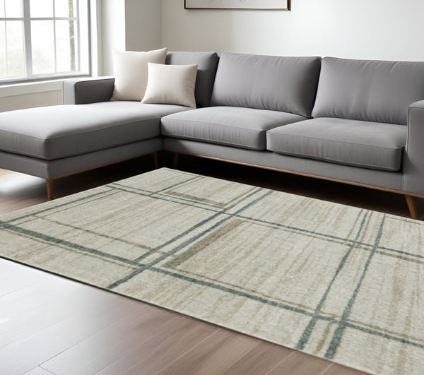 HomeRoots 8' Beige and Blue Geometric Distressed Runner Rug for Modern Spaces – Durable, Stylish, Easy Care 10' X 13' 508148
