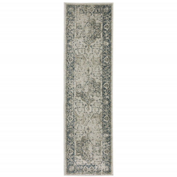 HomeRoots 8' Oriental Distressed Runner Rug in Beige and Blue – Vintage Charm for High-Traffic Spaces 2'3" x 7'6" 508161