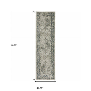 HomeRoots 8' Oriental Distressed Runner Rug in Beige and Blue – Vintage Charm for High-Traffic Spaces 2'3" x 7'6" 508161