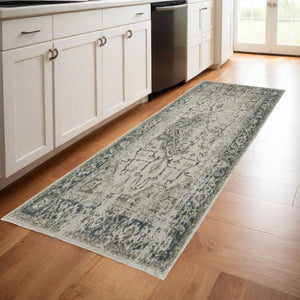HomeRoots 8' Oriental Distressed Runner Rug in Beige and Blue – Vintage Charm for High-Traffic Spaces 2'3" x 7'6" 508161