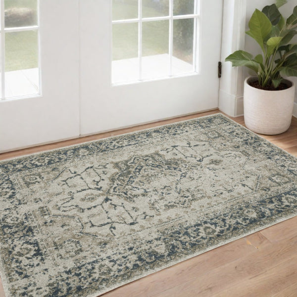 HomeRoots 8' Oriental Distressed Runner Rug in Beige and Blue – Vintage Charm for High-Traffic Spaces 3' x 5' 508162