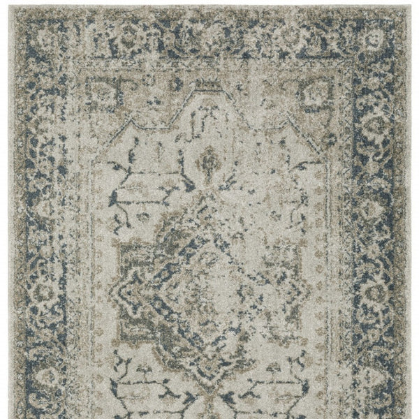 HomeRoots 8' Oriental Distressed Runner Rug in Beige and Blue – Vintage Charm for High-Traffic Spaces 3' x 5' 508162
