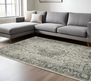 HomeRoots 8' Oriental Distressed Runner Rug in Beige and Blue – Vintage Charm for High-Traffic Spaces 7' X 10' 508164
