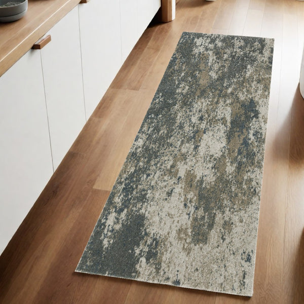 HomeRoots 8' Blue and Beige Abstract Distressed Runner Rug - Modern Design, Stain-Resistant, Family-Friendly Decor 2'3" x 7'6" 508173