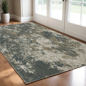 HomeRoots 8' Blue and Beige Abstract Distressed Runner Rug - Modern Design, Stain-Resistant, Family-Friendly Decor 3' x 5' 508174