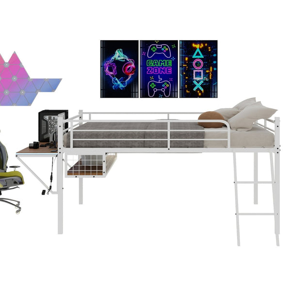 English Elm Full Size Steel Loft Bed with Integrated Desk Led Lighting and Under Bed Storage White W1935P463341