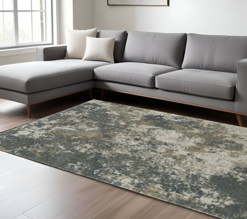 HomeRoots 8' Blue and Beige Abstract Distressed Runner Rug - Modern Design, Stain-Resistant, Family-Friendly Decor 8' X 11' 508177