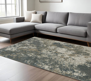 HomeRoots 8' Blue and Beige Abstract Distressed Runner Rug - Modern Design, Stain-Resistant, Family-Friendly Decor 8' X 11' 508177
