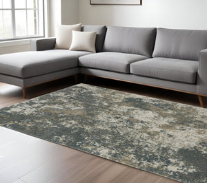 HomeRoots 8' Blue and Beige Abstract Distressed Runner Rug - Modern Design, Stain-Resistant, Family-Friendly Decor 10' X 13' 508178