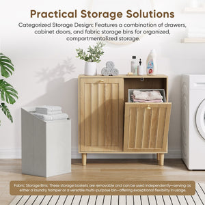 English Elm Sloping Tilt Out Laundry Cabinet with Dual Hamper Bins Oak Mdf Bathroom Storage W1706P465303