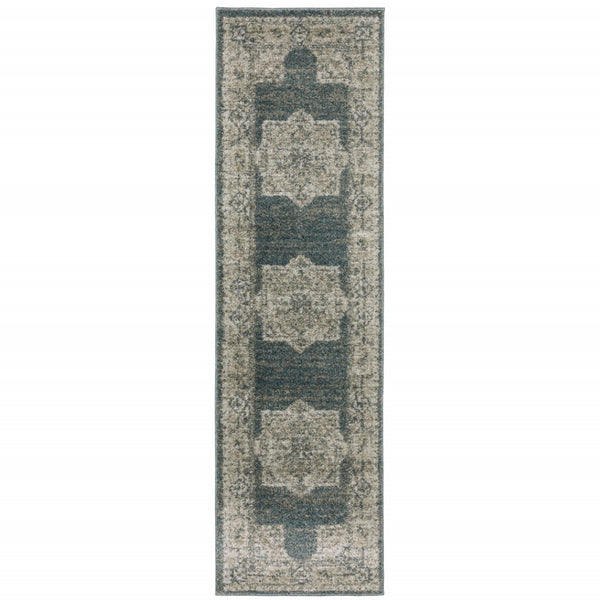 HomeRoots 8' Blue and Beige Oriental Runner Rug – Stylish Abstract Pattern for Hallways, Easy Care & Durable 2'3" x 7'6" 508185