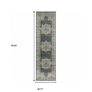 HomeRoots 8' Blue and Beige Oriental Runner Rug – Stylish Abstract Pattern for Hallways, Easy Care & Durable 2'3" x 7'6" 508185