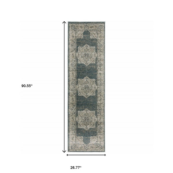 HomeRoots 8' Blue and Beige Oriental Runner Rug – Stylish Abstract Pattern for Hallways, Easy Care & Durable 2'3" x 7'6" 508185
