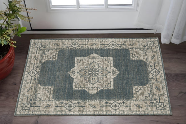HomeRoots 8' Blue and Beige Oriental Runner Rug – Stylish Abstract Pattern for Hallways, Easy Care & Durable 3' x 5' 508186