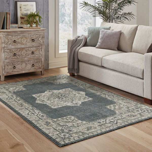 HomeRoots 8' Blue and Beige Oriental Runner Rug – Stylish Abstract Pattern for Hallways, Easy Care & Durable 3' x 5' 508186