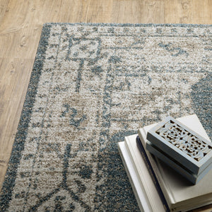 HomeRoots 8' Blue and Beige Oriental Runner Rug – Stylish Abstract Pattern for Hallways, Easy Care & Durable 3' x 5' 508186