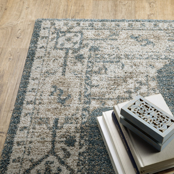 HomeRoots 8' Blue and Beige Oriental Runner Rug – Stylish Abstract Pattern for Hallways, Easy Care & Durable 3' x 5' 508186