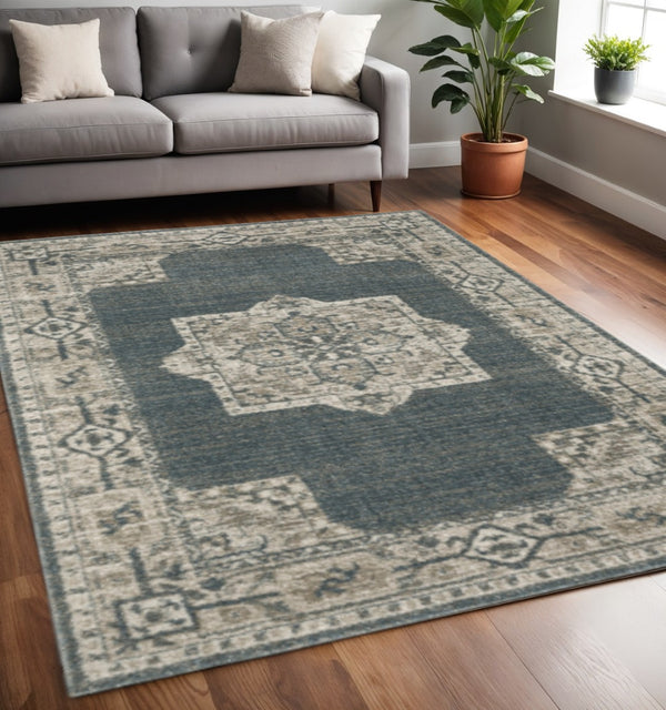 HomeRoots 8' Blue and Beige Oriental Runner Rug – Stylish Abstract Pattern for Hallways, Easy Care & Durable 5' X 8' 508187