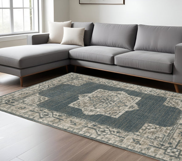 HomeRoots 8' Blue and Beige Oriental Runner Rug – Stylish Abstract Pattern for Hallways, Easy Care & Durable 8' X 11' 508189