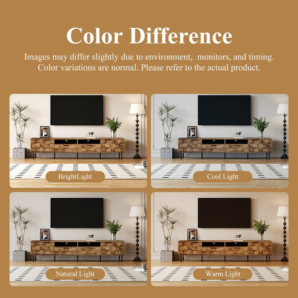 English Elm Mid retro TV Stand for TVs up to 85" — Medieval-inspired media console with 2 drawers, 4 cabinets, cable management Natural N710P193724P