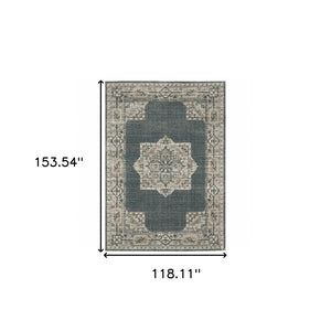 HomeRoots 8' Blue and Beige Oriental Runner Rug – Stylish Abstract Pattern for Hallways, Easy Care & Durable 10' X 13' 508190